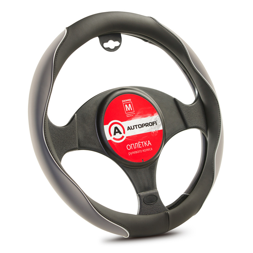 2021-AP BK/GY (M) Оплётка руля "AUTOPROFI", материал софттач + 2 вставки чёрн./серый, разм. М от магазина Лубриком